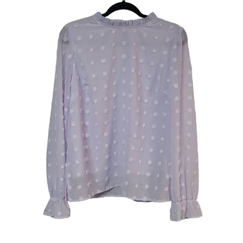 Andrew by unit Pom-pom sheer polkadot blouse lavender high ruffle neck lined￼ lr